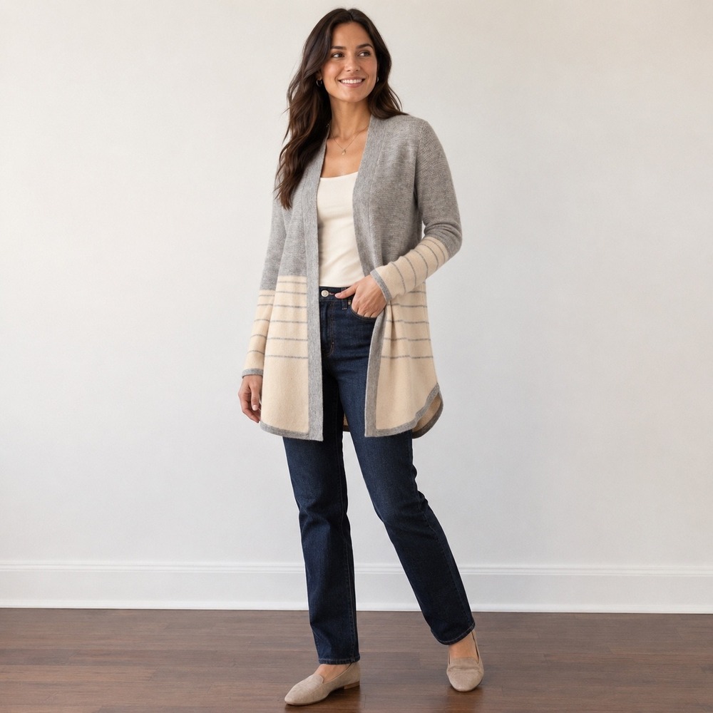 Charter Club Luxury 100% Cashmere Cardigan XS Gray Ivory Stripe Longline